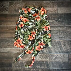 Christopher & Banks floral tropical Hawaiian print button down tie front top S